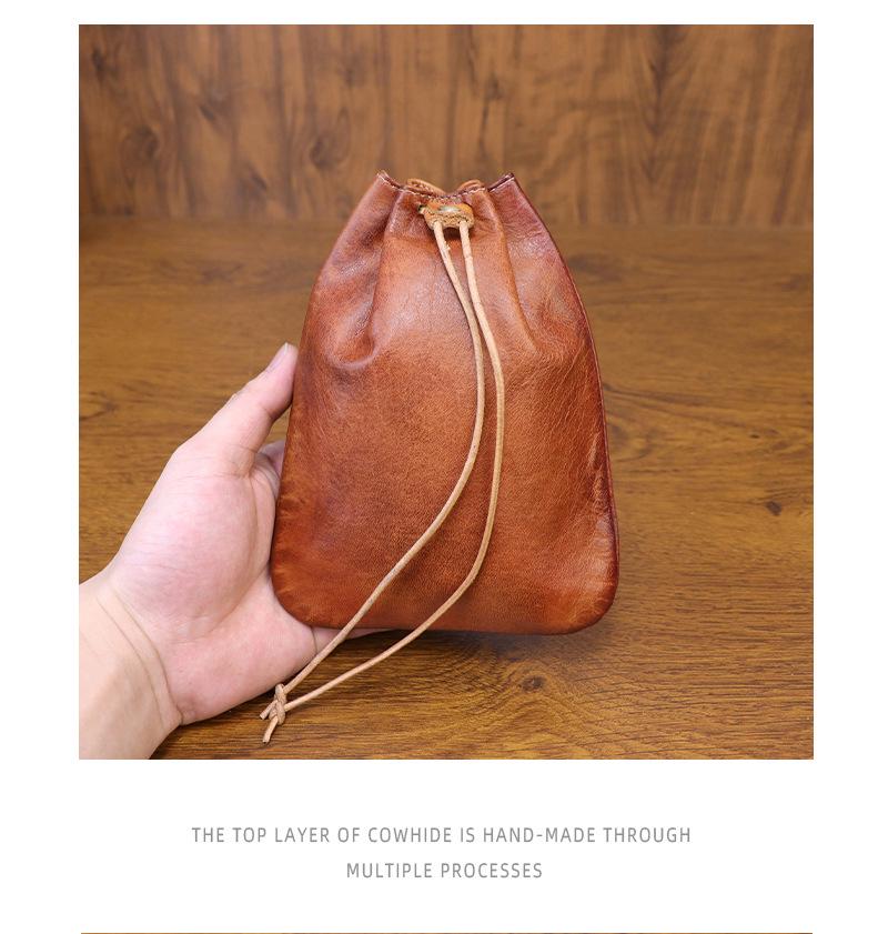 European Retro Cowhide Coin Purse: Hand-rubbed Leather Change Pouch with Drawstring