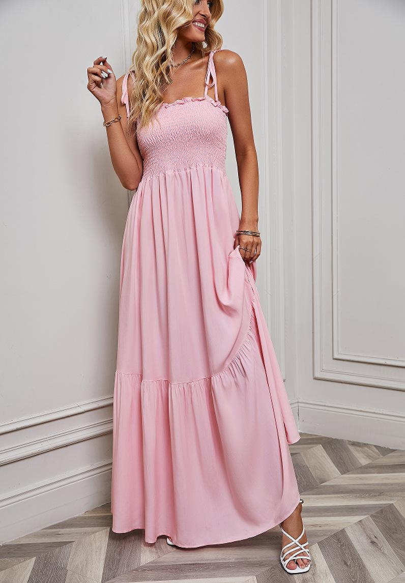 

Self-shooting spring and summer sexy thin strap tube top vacation beach long skirt big swing skirt XL рожевий