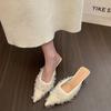 Fashion 2025 Flat Heels Embroidery Slippers Women Pointed Toe Floral Mules Shoes Ladies Office Daily Slip On Slides Green Velour Sandals
