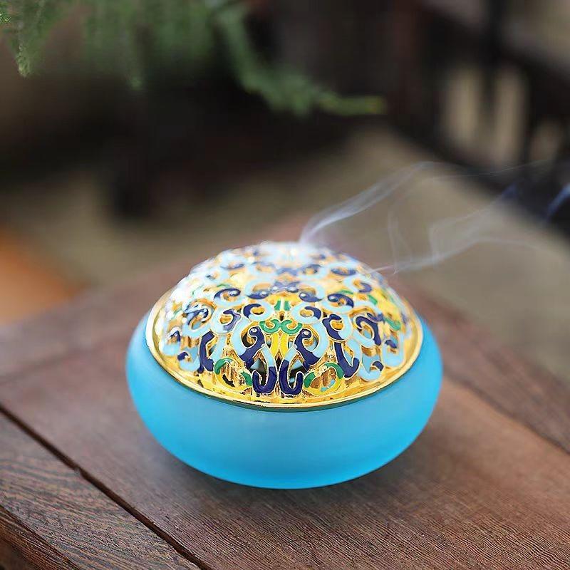 

Y Enamel Colored Luxury Glazed Incense Burner Coil Incense Plate Indoor Tea Ceremony Offering Buddha Lotus Incense Holder Decor синий