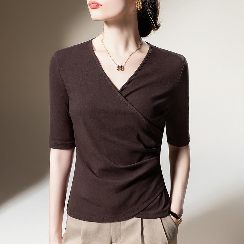 Women's New European Style European Women's Cross-neck Solid Color Cotton T-shirt Pleated Waist Five-quarter Sleeve Top
