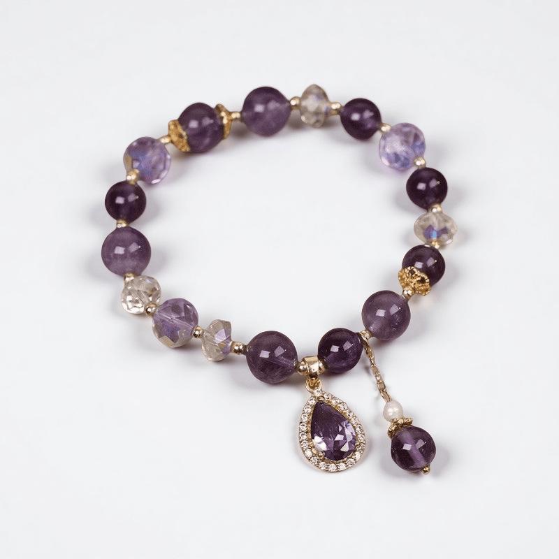 Fashion Purple Crystals Beaded Bracelets for Women Round Beads Purple Four-leaf Clover Drop Bracelet Lucky Stretch Hand Chain Jewelry for Wedding