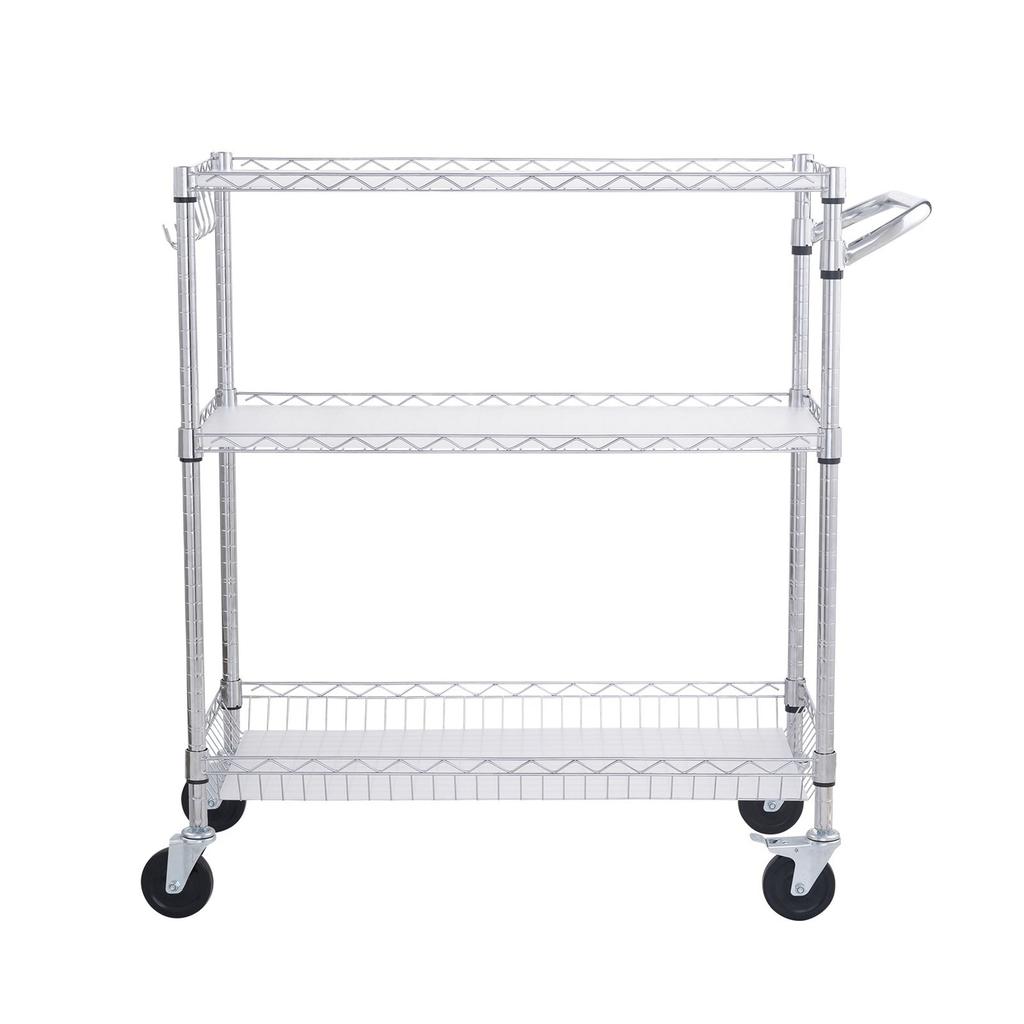 Kitchen Utility Cart, 3 Tiers, Wire Rolling Cart with 661LBS Capacity, Steel Service Cart on Wheels, Metal Storage Trolley with 80mm Basket Curved