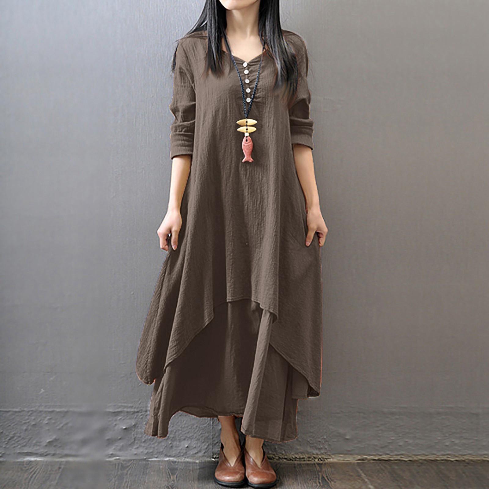 

Женское повседневное свободное платье из хлопка и льна с длинным рукавом в стиле бохо, нерегулярное платье XL