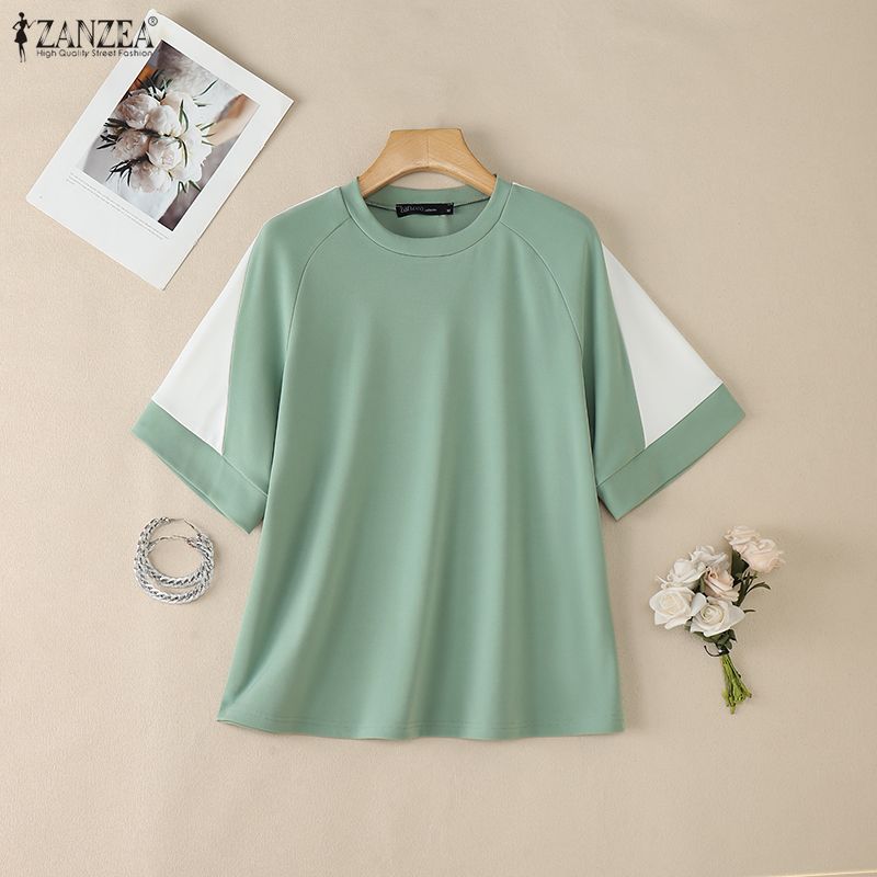 ZANZEA Women Casual Round Neck Loose Splice Short Sleeve T-Shirts