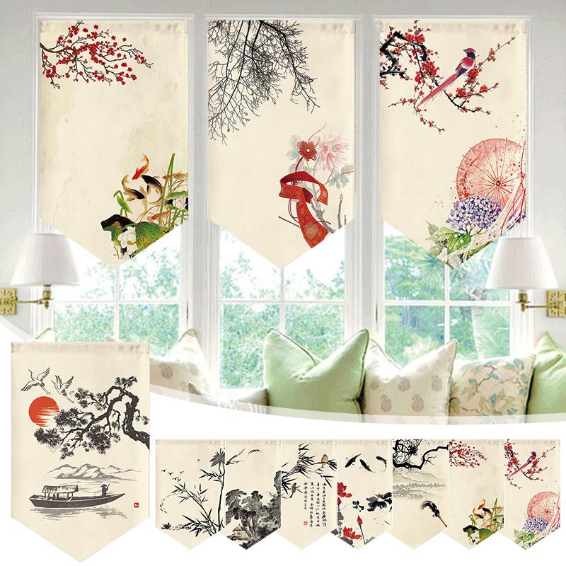 Chinese Landscape Painting Short Curtain Restaurant Cafe Decor Noren Home Window Decor Hanging Half Curtain Kitchen Partition