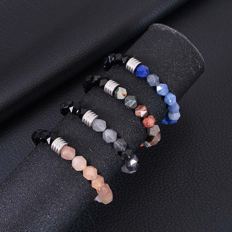 Men's Retro Stainless Steel and Beaded Bracelet with 10mm Faceted Amazonite and Black Obsidian.