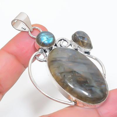 Pietra preziosa naturale Labradorite Ciondolo Gioiello in Argento Sterling 925 2,64" Z7C50