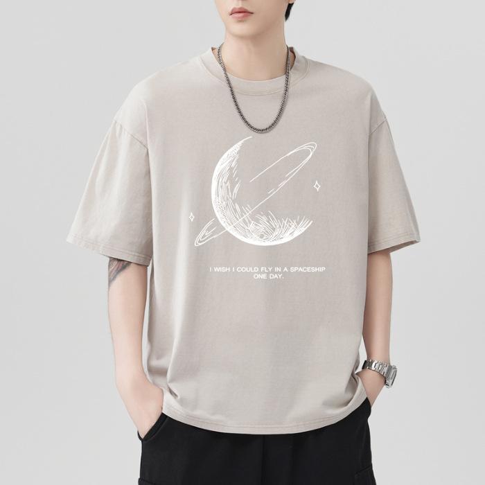 230g Ciężko Prana Wodą Smażona Płatek Śniegu Luźny Krój Bawełniany T-shirt Krótki Rękaw Cienki Drukowany Krótki T-shirt