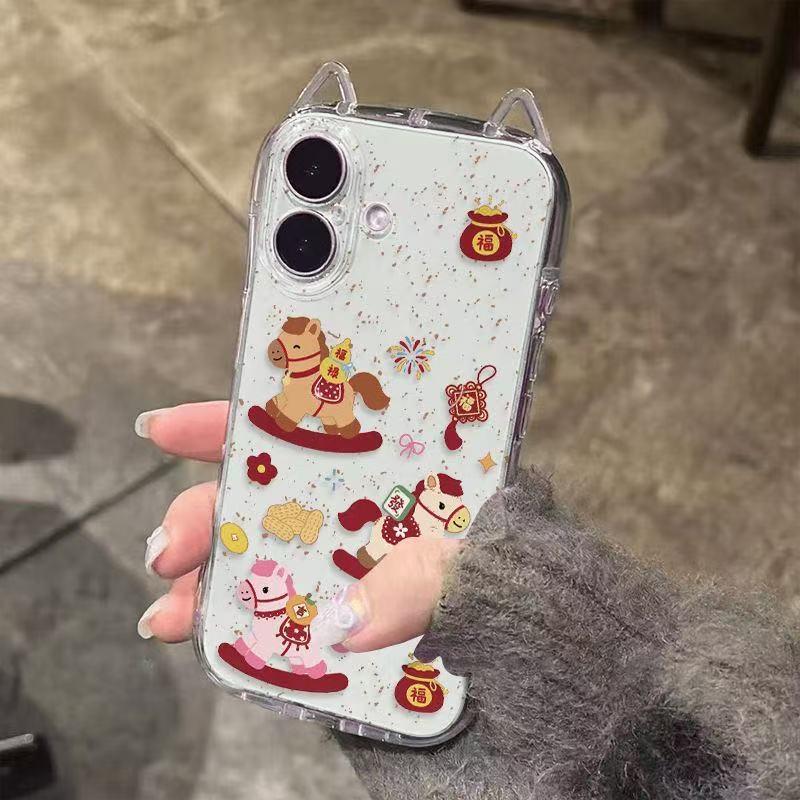 Cat Ear Ink Splash Fireworks Fu Lu Ma Case for Apple 17PRO/16/15/13 Pro Max 12, Korean Style