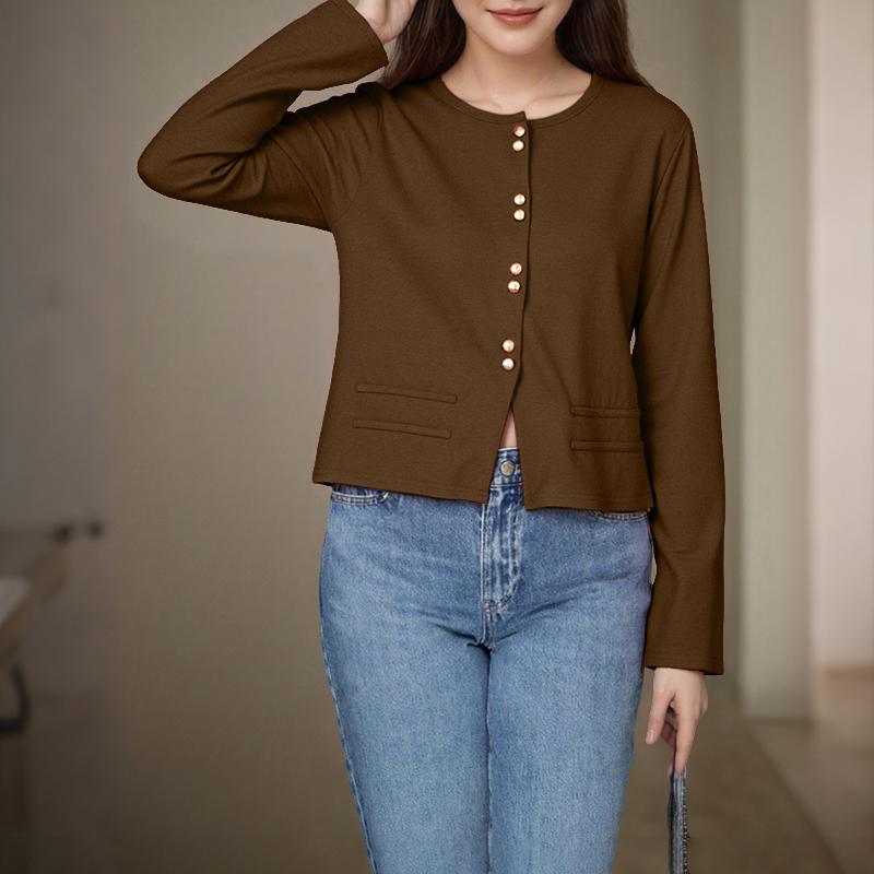 ZANZEA Kvinner uformell rund hals ensfarget langermet bluse