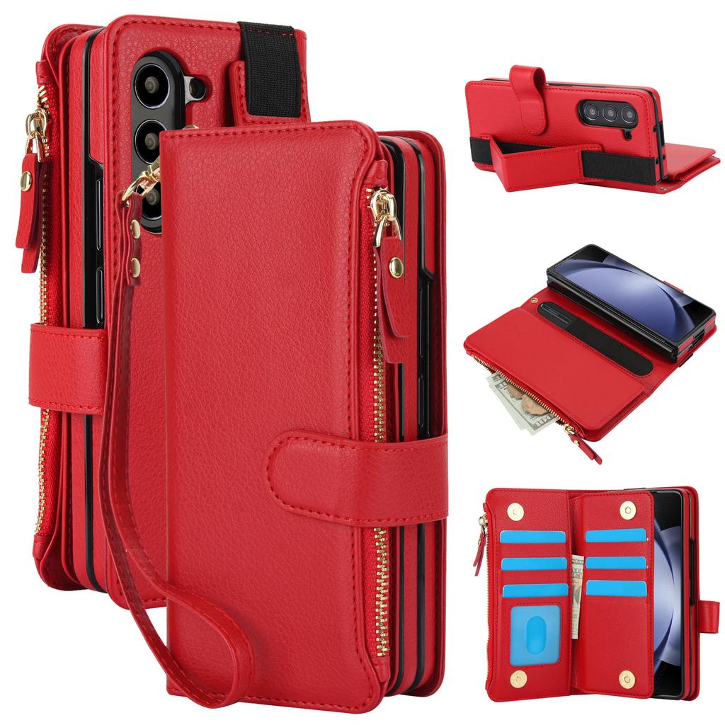 Crossbody Lanyard Leather Phone Case for Samsung Galaxy Z Fold 3 4 5 6 7 with Wristband Wallet Card Holder Protective Cover