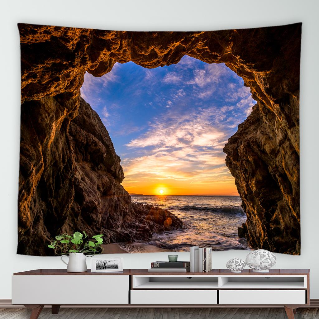 Natural Cave Ocean Landscape Printing Pattern Tapestry Home Living Room Dormitory Wall Decor Background Cloth Tapestry