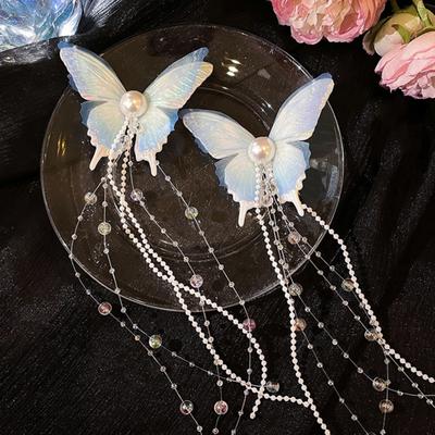 Yousheng Girls Hair Pin Butterflies Decor Faux Pearls Beaded Long Tassel Hair Clip Wedding Prom Birthday Hair Barrette