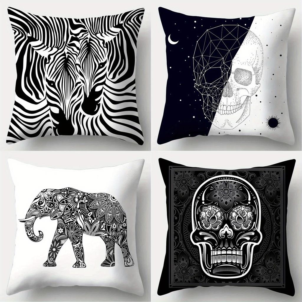 Dekoracja domu Pokrowce na poduszki ze wzorem Zebra, Czaszki i Słonia Pokrowiec na poduszkę ze wzorem Odpowiedni do Sofy, Sypialni, Samochodu Pokrowiec na poduszkę