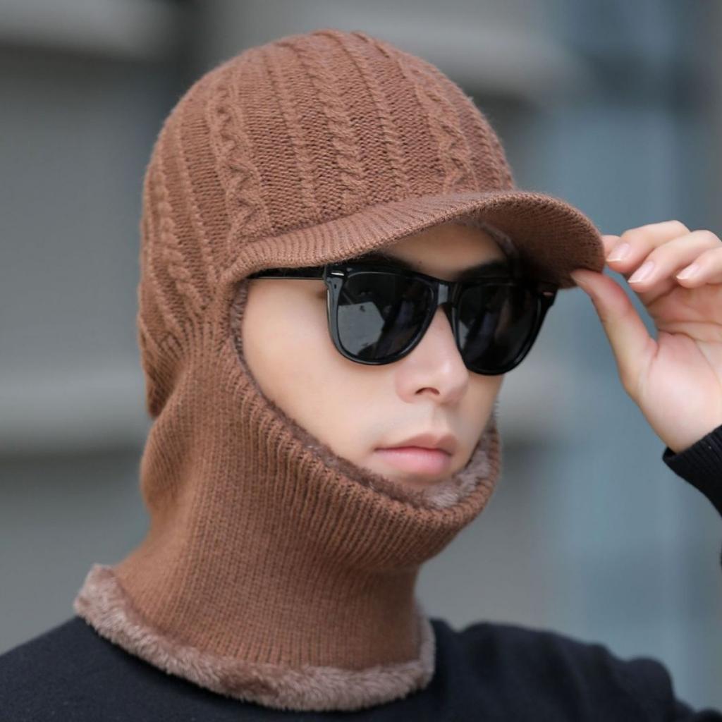 Men's Knitted Hat Autumn and Winter Outdoor Cycling Scarf Suit Cold Proof Woolen Hat Plus Velvet Warm Cold Hat for Men