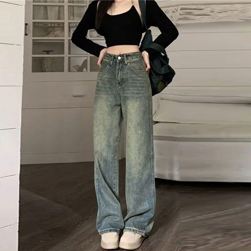 

Nostalgia Straight Jeans Women Spring and Autumn Outside Wear Pear-shaped Casual Retro Loose Drag Ground Wide Leg Trousers Long Denim Pants 4XL