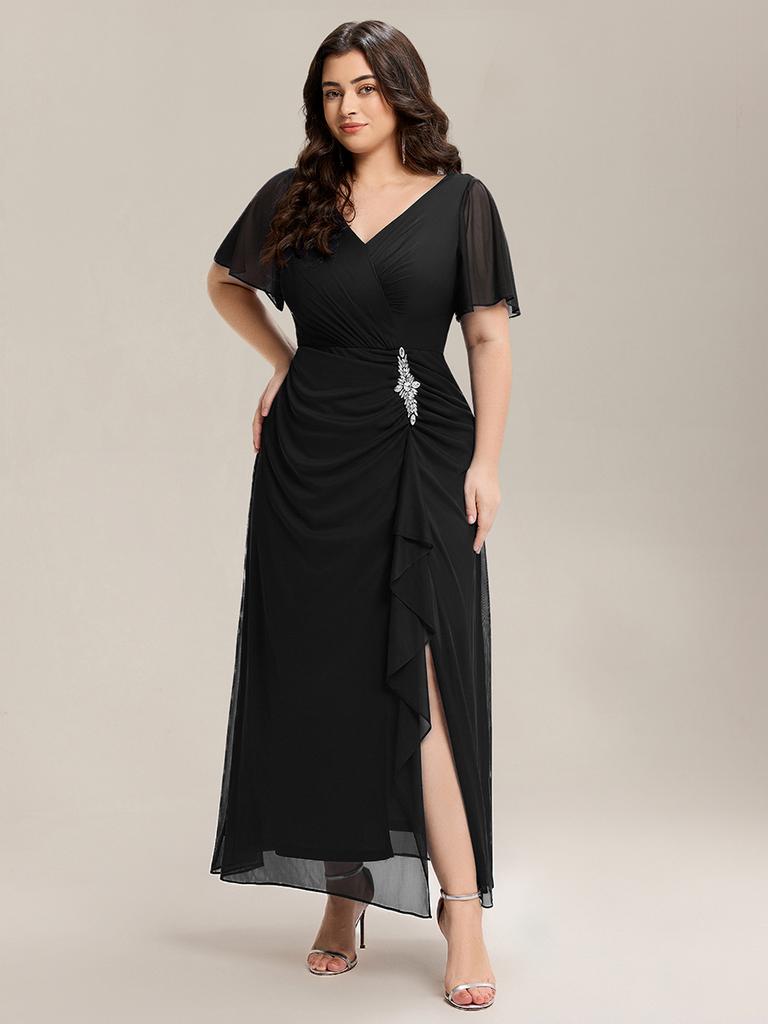Ever-Pretty Women's Plus Size Formal Dress Short Sleeve Ruffled Deep-V Neck Chiffon Slit Mother of the Bride Dress with Rhinestone-Embellished