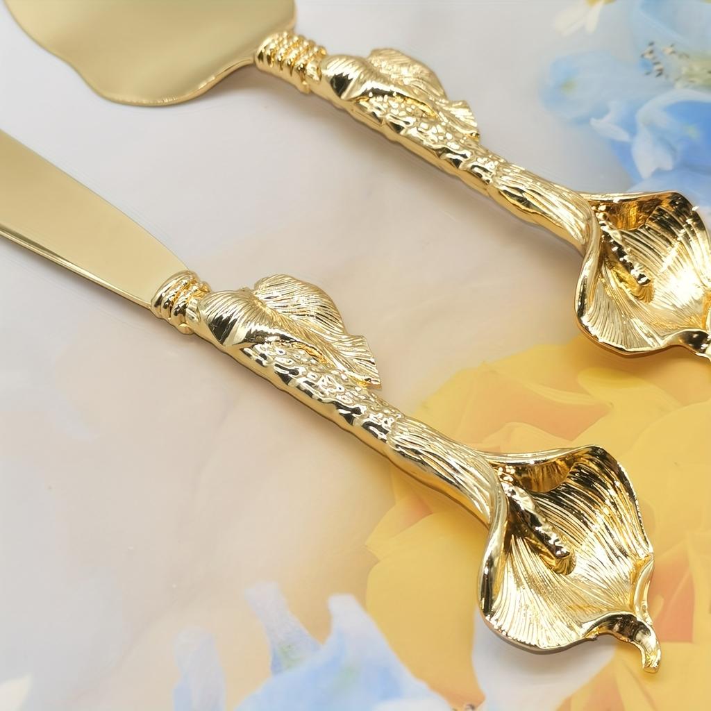2 Stück Goldenes Hufeisen Lotus Design Hochzeitstortenmesser Set, Europäisches Geburtstagsfestival Kuchen Pizza Schneidemesser Schaufel Set, Mit exquisitem Griff