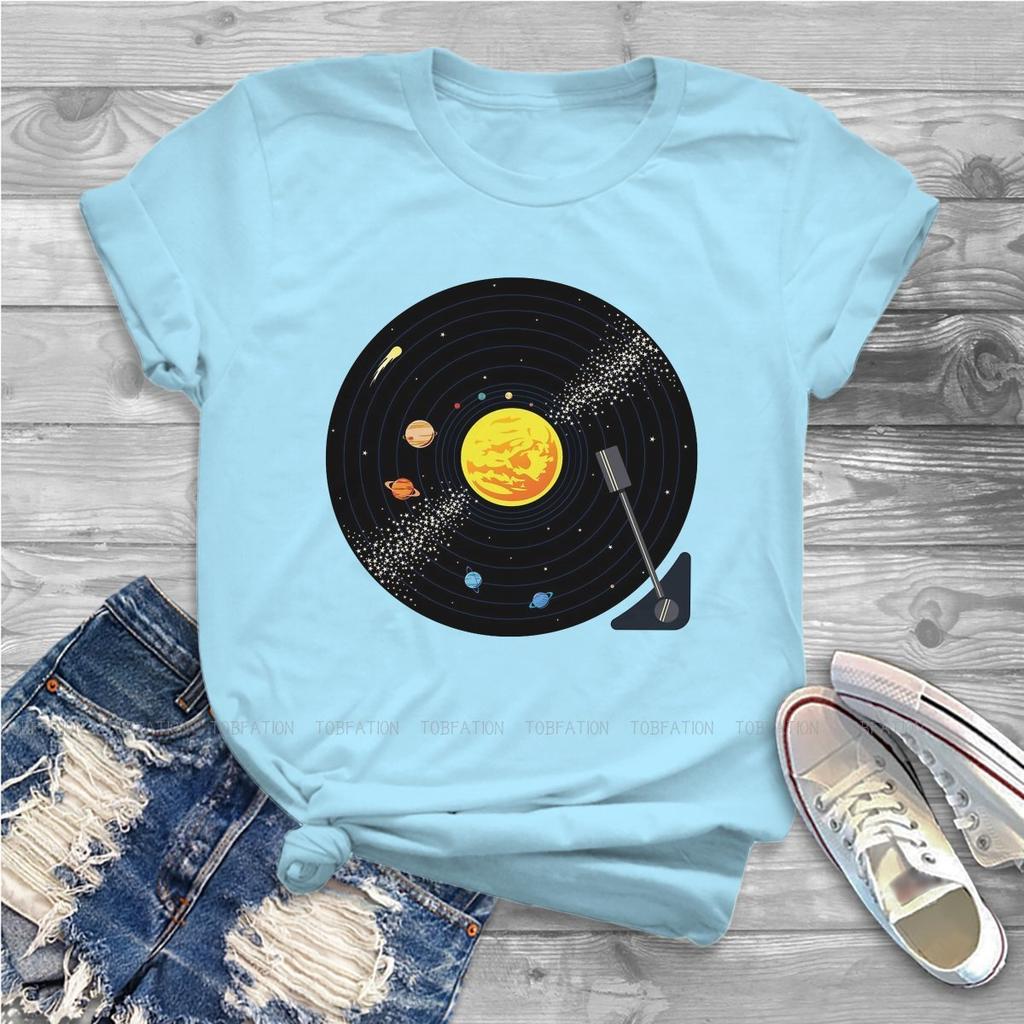 Solar System Vinyl Record Female Shirts Pluto Funny Space Science Loose Vintage Women Tshirts Harajuku Casual Feminine Blusas