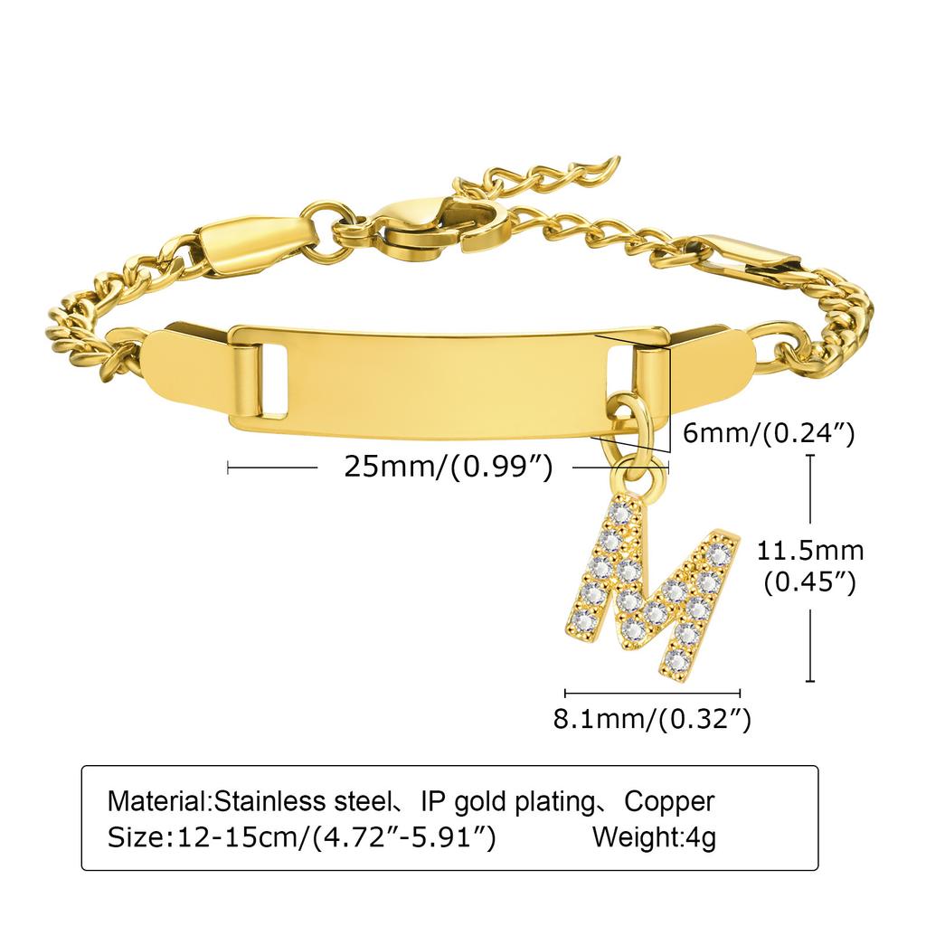 Personalized Initial Letter Stainless Steel Bracelet Custom Engraved Name Bar 18K Gold Plated Waterproof Jewelry for Kid Women