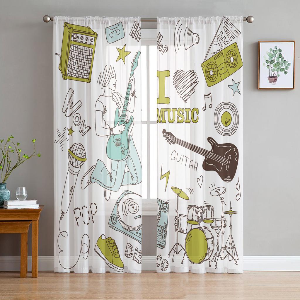 Rockowa Gitara Elektryczna Szkielet Buty Przezroczyste Zasłony do Salonu Przezroczysty Tiul Zasłona Okienna Sypialnia Kuchnia Woal Draperie