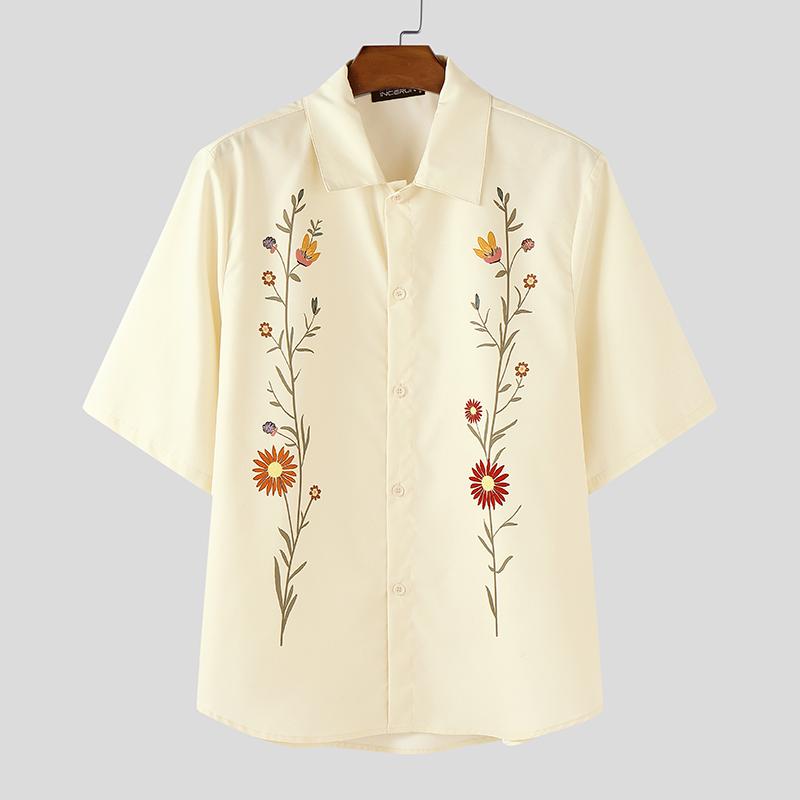 

INCERUN Men Lapel Neck Short Sleeve Floral Print Casual Hawaiian Summer Shirt 3XL абрикосовый