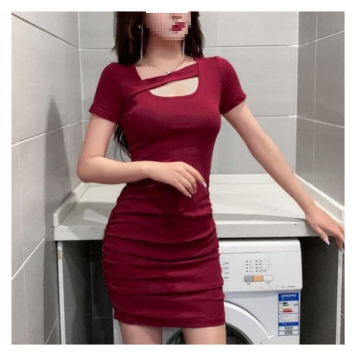Scheming Spicy Girl U-neck Sexy Summer Dress: Figure-Hugging, Ruched, Slimming Hip-Hugging Skirt