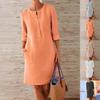Women Dress Solid Color Pockets Summer Round Neck Long Sleeve Buttons Dress for Dating