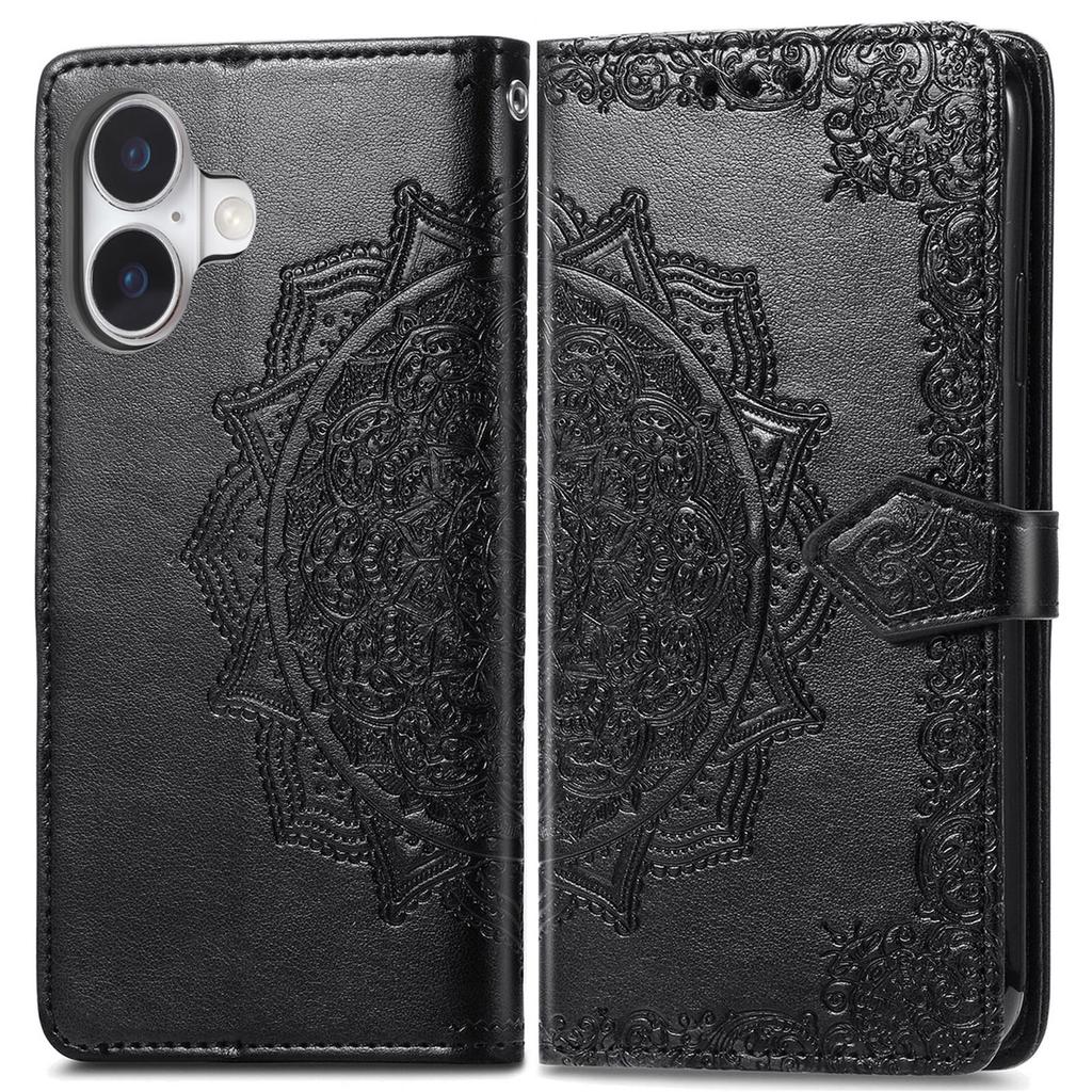 For iPhone 16 Plus Case Mandala Embossed Design Leather Wallet Phone Cover