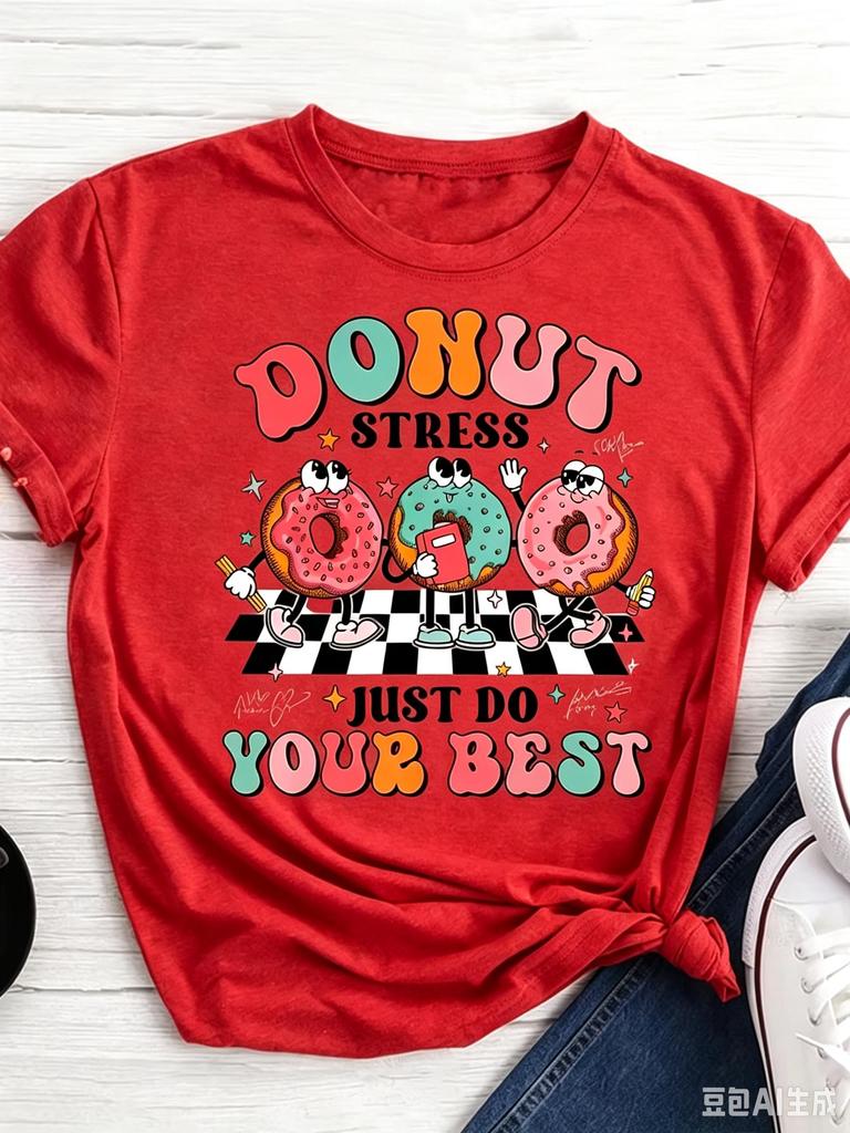 TXCartoon Donut Print T-shirt, Short Sleeve Crew Neck Casual Top For Summer & Spring, Women's Clothing