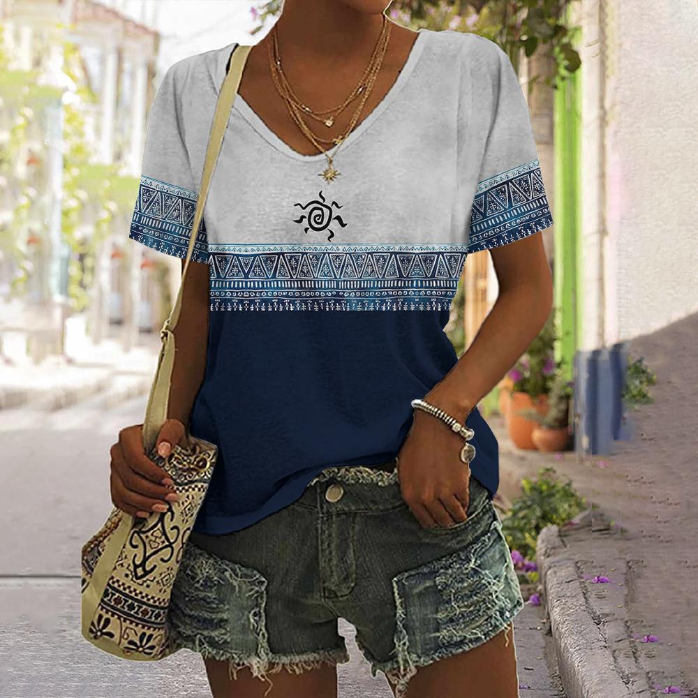 Letnia Vintage Etniczna Sun 3D Print T-shirt Kobiety Streetwear T-shirty Y2k Topy Kobieta Harajuku Koszulki z dekoltem w serek Oversized Odzież