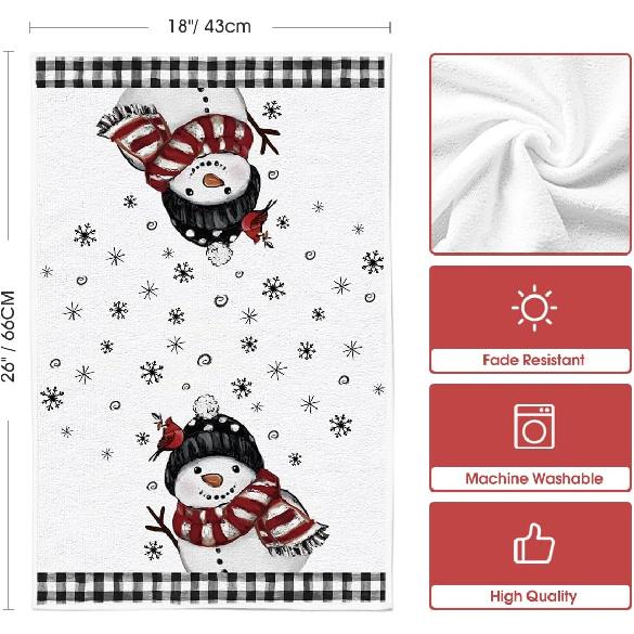 Artoid Mode Red Black Buffalo Plaid Bird Snowman Winter Kitchen Towels Dish Towels, 18x26 Inch Farmhouse Snowflakes Decoration Cleaning Set of 2