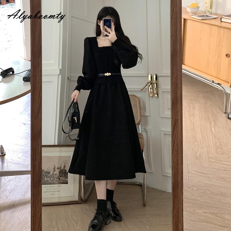 Podzimní Zimní Dámské Midi Šaty v Korejském Stylu Čtvercový Límec Pletenina Patchwork Ležérní Volné Šaty s Páskem Elegantní Ženské Vintage Šaty