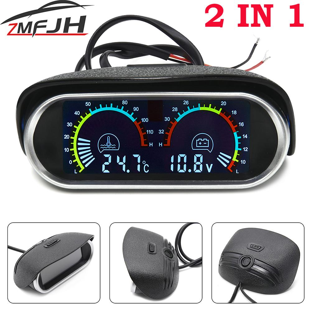 2 In 1 Horizotal Gauge Universal Truck Car Digital Water Temperature Gauge+Voltage Set Meter with 10mm Sensor 12/24V For Car