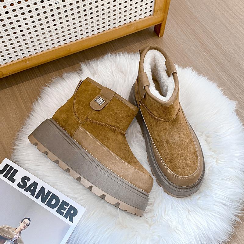 2025 winter new velvet thickened warm fashion snow boots women's small 7cm casual muffin bottom cotton boots