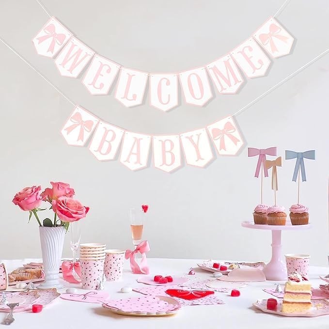 Welcome Baby Party Decorations - Pink Bow Banner,Pink Bow Welcome Baby Banner,Girls Gender Reveal Party Photo Props,Bow Theme Baby Party Hanging