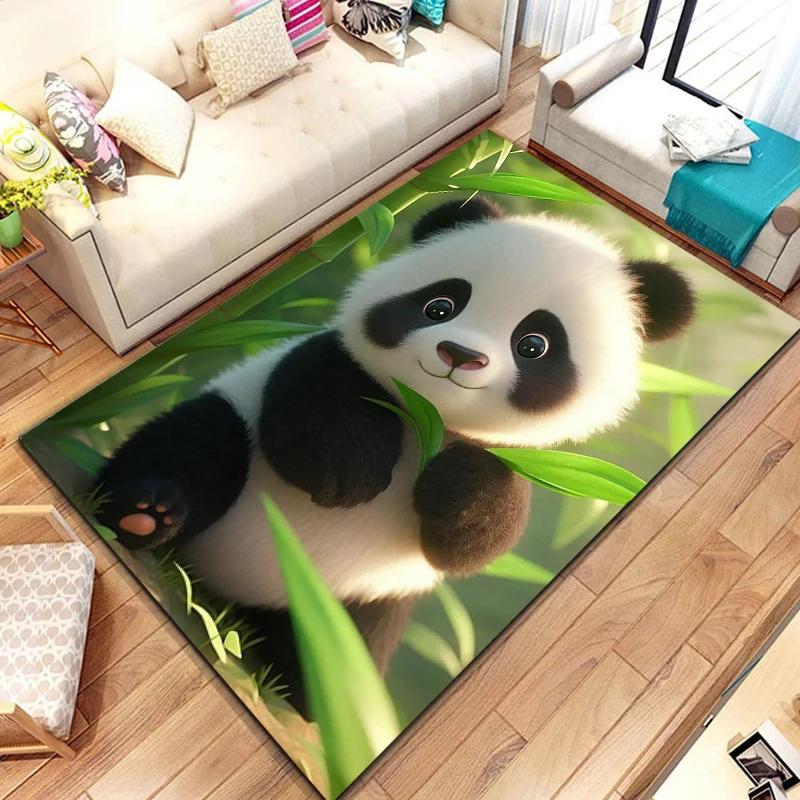 Uroczy dywanik z pandą do sypialni, pokoju zabaw, na sofę, dywan z naturalnych liści bambusa, kreskówkowy dziki zwierz dżungli, wewnętrzna mata podłogowa, wycieraczka