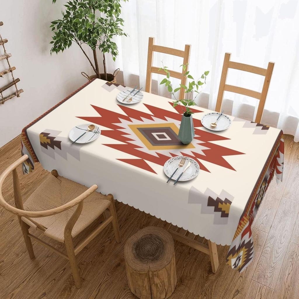 Southwestern Aztec Rusty Red Tablecloth, Tribal Geometric Navajo Rectangular Washable Cover for Home Dining