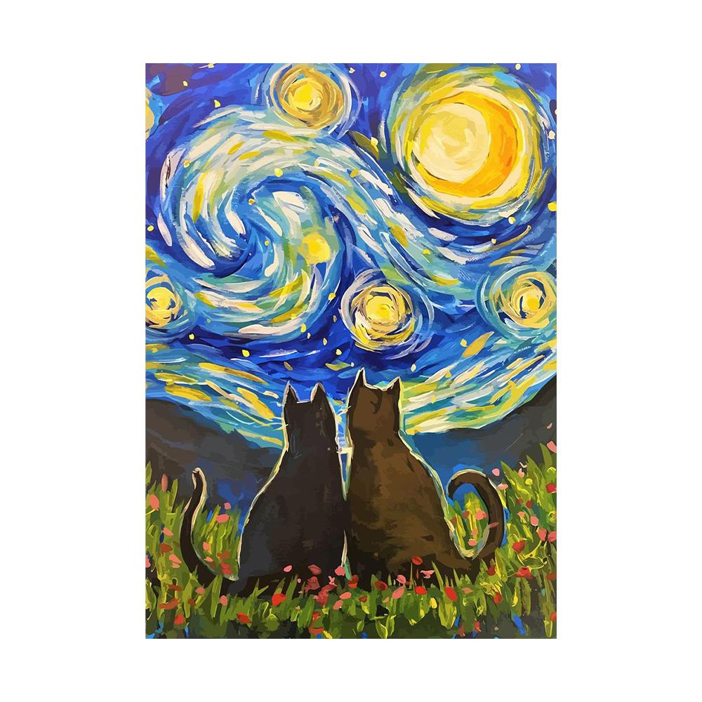 Poster Astratto Gatto Notte Stellata Van Gogh Stampa su Tela Pittura Animale Carino Arte da Parete Per Soggiorno Decorazione Casa Quadri
