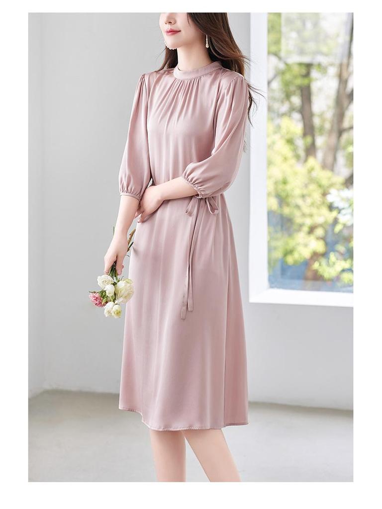 Elegante Vestido de Verão A-line em Seda Pura para Mulheres - Saia de Comprimento Médio