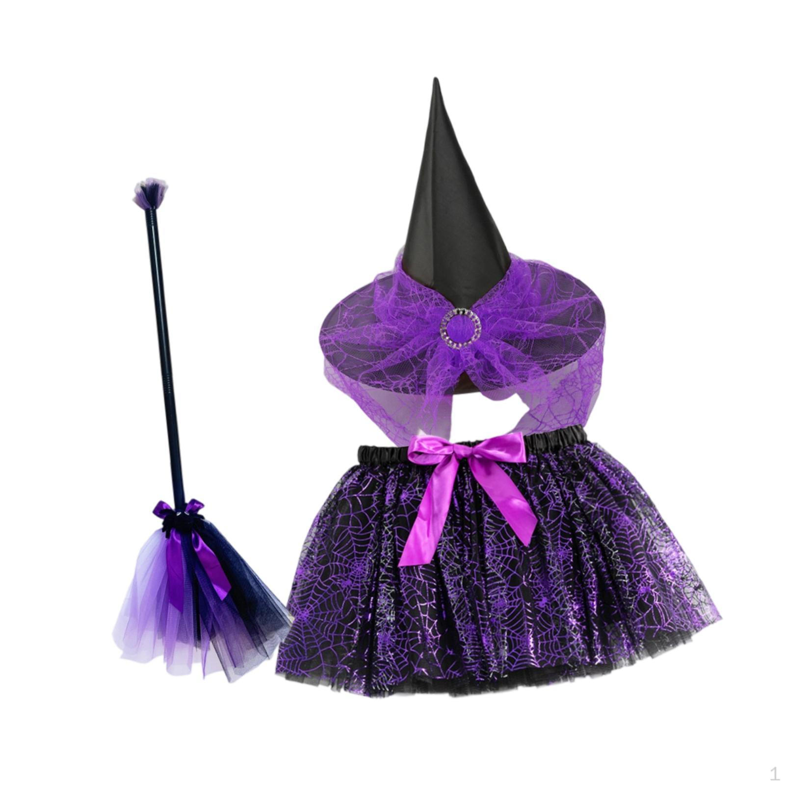 

Костюм ведьмы на Хэллоуин для девочек Удобный Смешной Детский Юбка Шляпа Метла Набор L_Black and Purple