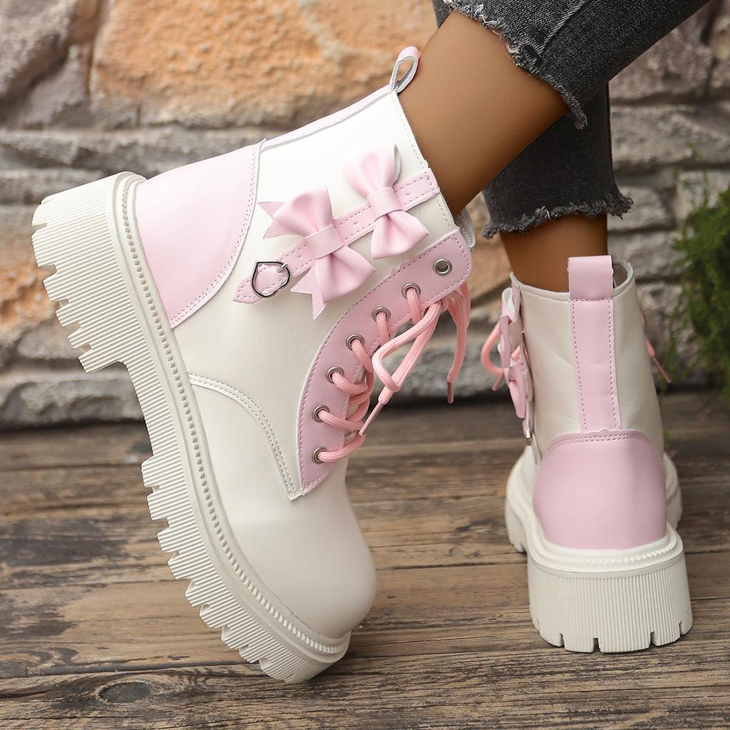 Mode Süße Rosa Schleife Mix Farbe Stiefeletten Damen 2025 Herbst Dicke Sohle Schnürstiefel Candy Punk Metall Dekoration Stiefeletten Größe 42