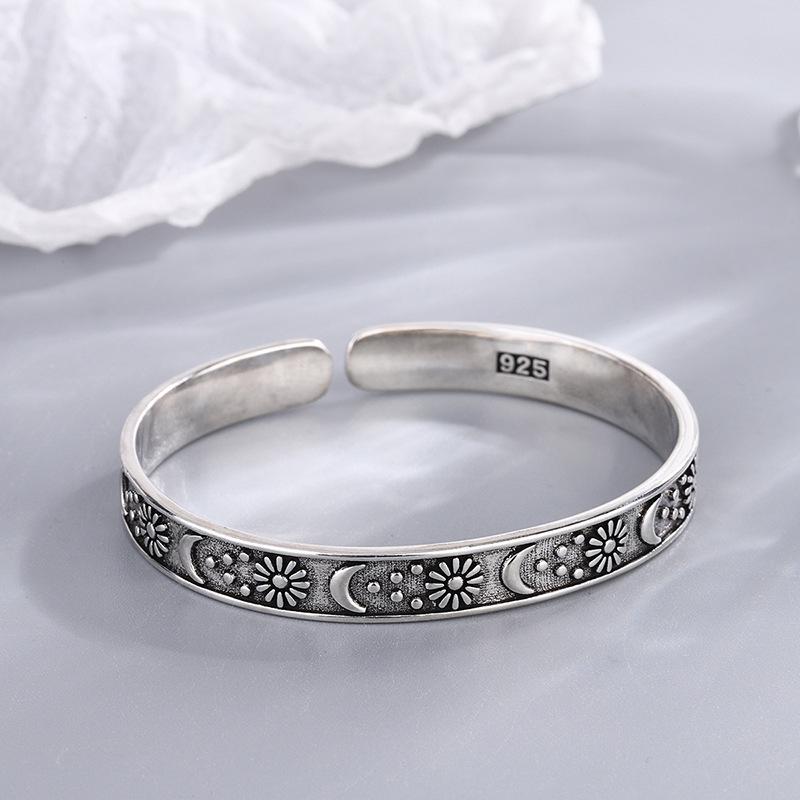 Retro Star & Moon Flower Open Bangle for Women