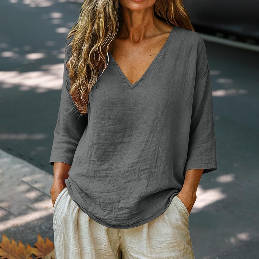 Women's Fashionable Loose-Fit -Color Cotton-Linen V-Neck Casual Blouse