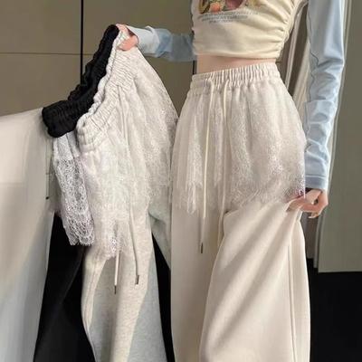 Women High Waist Lace Trim Wide Leg Sweatpants, Casual Loose Drawstring Trousers With Lace Overlay