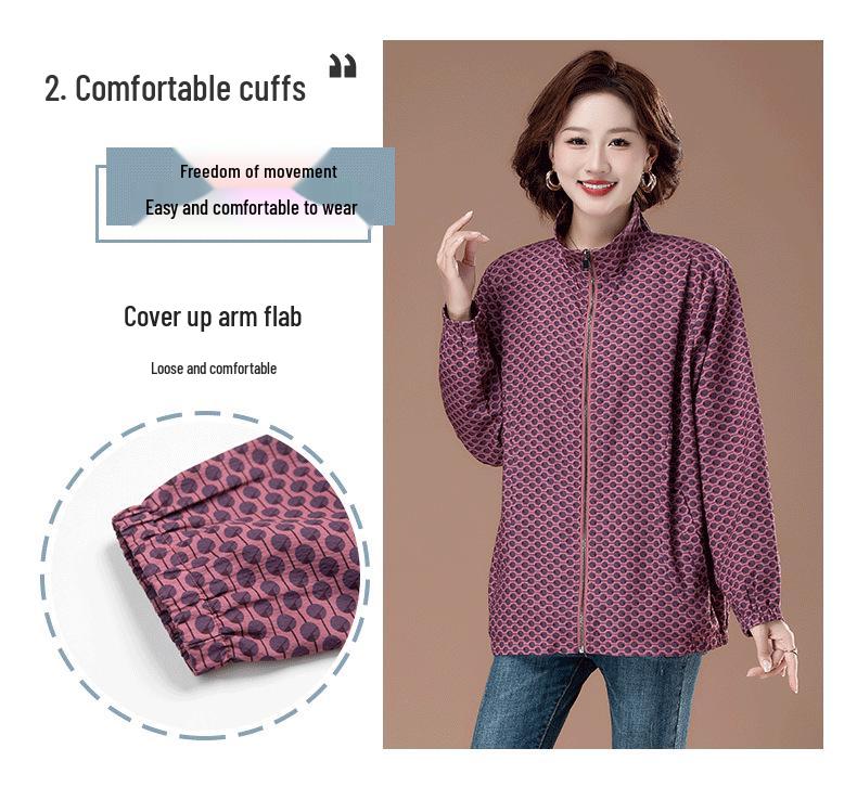 Polka Dot Stand Collar Plus Size Jacket for Women - Stylish Spring/Autumn Trench Coat for Middle-Aged Moms