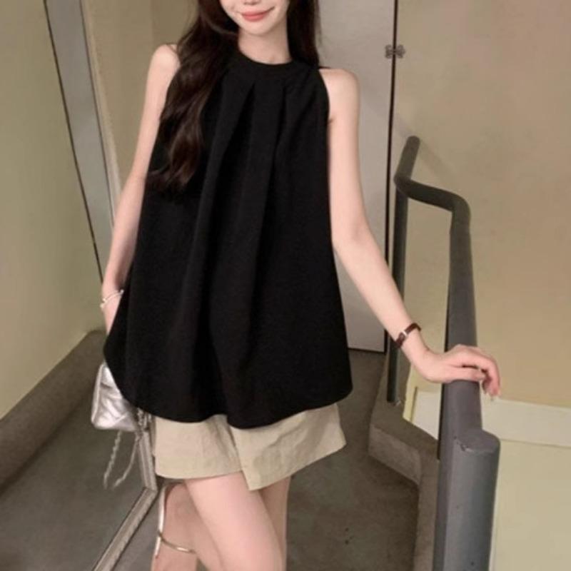 Women's New Summer Style Light Blue Halterneck Off-shoulder Sleeveless Vest Loose Casual Top