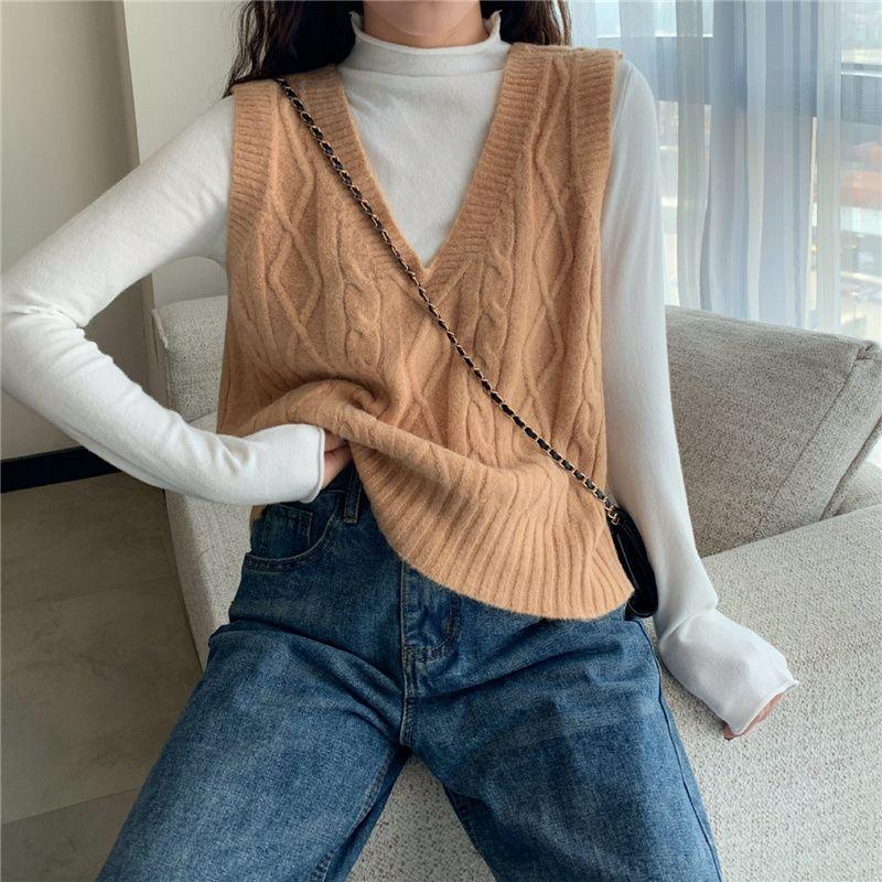 Damen Strickweste mit V-Ausschnitt, warm, einfarbig, weich, locker, lässig, ärmelloses Top