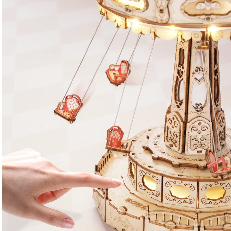 Tsukurundesu Anshin 3D Wooden Puzzle Amusement Park Series (Swing Ride) Swing, Spinning Attraction, Miniature, Lights Up, Spins, Includes Japanese
